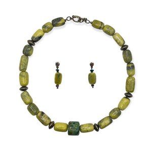 Peruvian Vintage Artisan Green Serpentine Opal Necklace Earrings Set 950 Silver